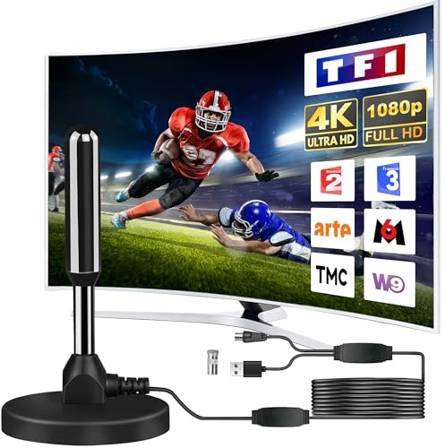 Antenne TV IntéRieur Puissante, Nouveau pour 2025 Antenne TNT IntéRieur Puissante, CâBle Coaxial De 5m, RéCeption Longue Distance 500km, 360 DegréS sans Angle Mort