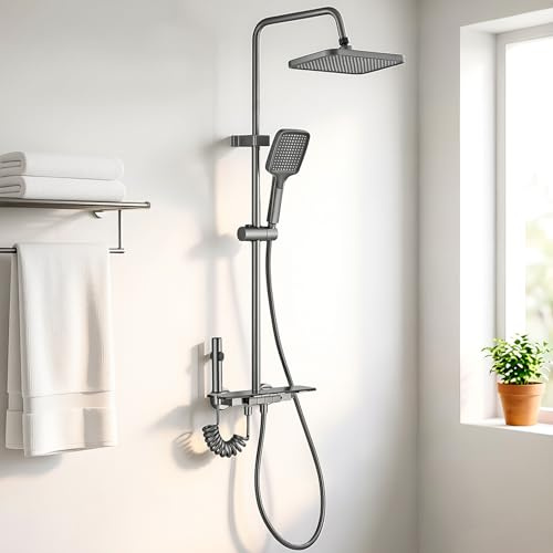 Kinhoou Upgraded Modern Shower Mixer Set, Shower Riser Rail Kit with Twin Heads Adjustable Square Overhead Rainfall with Handheld Dispenser 4 Ways Outlet for Bathroom