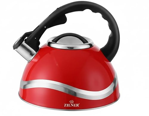 ZILNER Bouilloire Sifflante Inox, Tous Feux Gaz Induction, 3 l Rouge | Bouilloire sifflante en acier inox, couvercle inclus, compatible gaz, induction, vitrocéramique, électrique et halogène