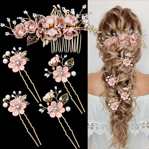 5 Piezas Peinetas de Boda Horquillas Pelo Accesorios para el Cabello de Novia con Floral Diamantes Perlas Tocados de pelo boda Vintage Para Dama De Honor Mujer Niñas (Flor Rosa)