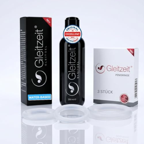Gleitzeit® Set Gleitgel 250ml & Penisringe 3 Stück, Gel wasserbasiert sensitiv, Cockringe Silikon, Lubricant für Männer & Paare, Hautfreundlich