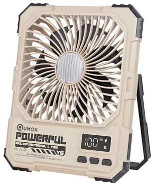 QUMOX Y6 Ventilador de Camping Recargable con Luz LED, Batería de 20000mAh, Mando a Distancia, 4 Velocidades, 4 Modos de Luz, Temporizador 2/4/6H, Soporte Plegable con Gancho, Entrada Type-C, CAQUI