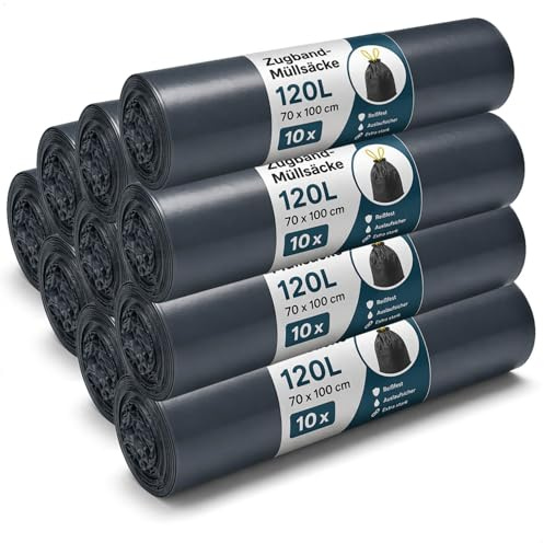com-four® 100 bolsas de basura 120 L con cordón, bolsas resistentes 70 x | extra fuertes - impermeables y cerrables - para hogar y jardín