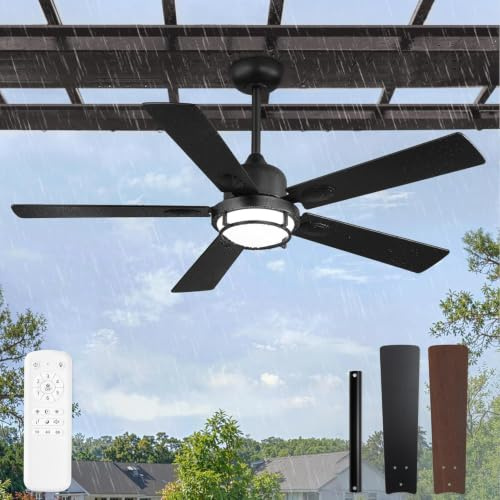 HUYOY 132CM Ventilateur de Plafond avec Telecommande et lumière IP65 Extérieure Étanche Plafonnier Ventilateur Silencieux 6 Vitesses, Réversible, LED Dimmable Lampe pour Chambre Salon jardin terrasse