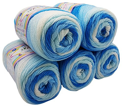 Alize 5 x 100g Babywolle Bebe Batik Mehrfarbig, 500 Gramm Wolle zum Stricken und Häkeln (blau weiß 2130)