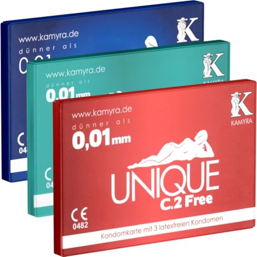 KAMYRA Unique C.2 Kondomkarten-Test-Set (je 1 x PULL, FREE, SMART), latexfreie Kondome