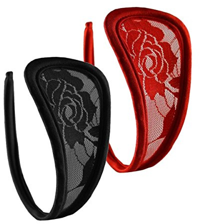 lau-fashion 2er Set Spitze Damen C-String Slip Mini Bikini Schwarz Rot Unterhose Dessous S/M/L