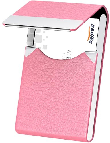Padike Professional Business Card Holder PU Leather Business Card Case Name Card Holder Slim Metal Pocket Card Holder with Magnetic Shut (Pink)