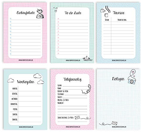Papierdrachen 6 Notizblöcke für Termine, Wochenplaner, to do Liste, Einkaufslisten und mehr - Tagesplaner und Wochenplaner Pastell - Ideal für Schule, Uni und Haushalt - Notizblock - DIN A6