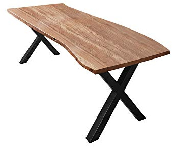 SAM Esstisch Xaver 240x100 cm Akazie Natur Baumkante X-Gestell schwarz | Baumkantentisch massiv, Akazienholz naturfarben, Metallgestell, Esszimmertisch