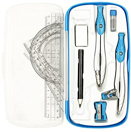 Lifreer Geometry Set,10 Pcs Protractor and Compass Set, Math and Ruler Set for Students, Class Supplies, and School - Essential Compass Geometry Tools for Precision and Quality (Blue)