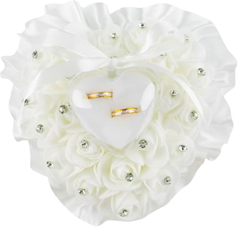Framendino, White Heart Shape Wedding Ring Pillow Elegant Decoration Cushion Bearer Box with Ribbon Bowknot