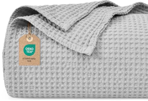 PHF 100% Baumwolle waffledecke Kuschedecke 130x150cm, leicht & atmungsaktiv, perfekt für das ganze Jahr - Oeko-TEX® Zertifiziert - Hotelwäschequalität - Ideal für Sofa Couch Bett, Hellgrau