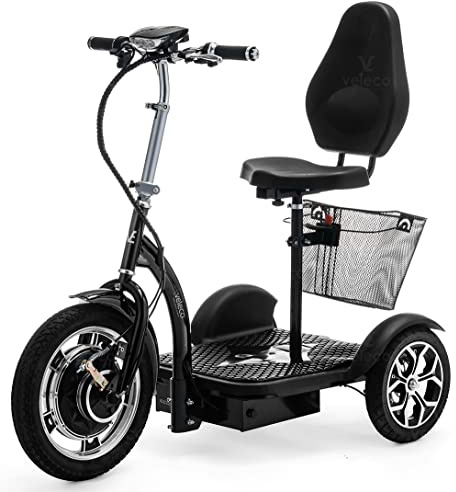 VELECO ZT16 - 3-rädriger Mobilitätsroller – komplett montiert und fahrbereit – große Räder – leicht zu manövrieren – Vorder- und Hinterradbremsen – abnehmbarer Einkaufskorb - Rückwärtsgang (Schwarz)