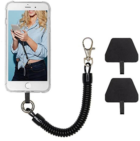 SIOPPKIK Catena per Cellulare Cavo a Spirale Flessibile, Portachiavi con Cordino Universale Compatibile con iPhone/Samsung/Huawei (2 Inserti, Nero)