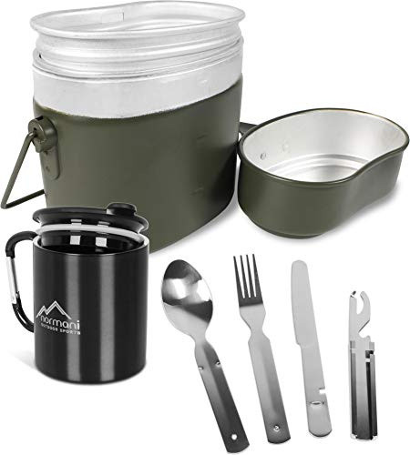 Bundeswehr Essgeschirrset Bund Essbesteckset + Karabinertasse aus rostfreiem Edelstahl mit Trinkdeckel + Aluminium Kochgeschirr nach TL