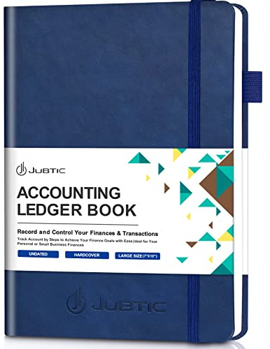 JUBTIC Hardcover Accounting Ledger Book (7x10″) - Bank Accounting Log for Small Business Bookkeeping & Personal Use - Account Tracker Notebook Track Accounts, Deposit, Expense & Balance - Navy Blue