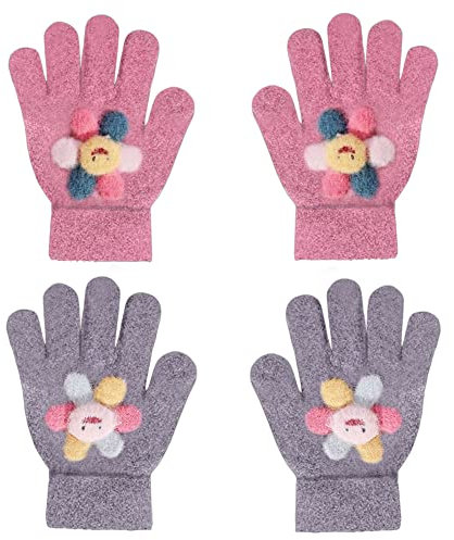 ZDQC 2 Paar Warme Strickhandschuhe Kinder, Süße Winter Fingerhandschuhe, Vollfinger Stretch Handschuhe (Blumen-A)