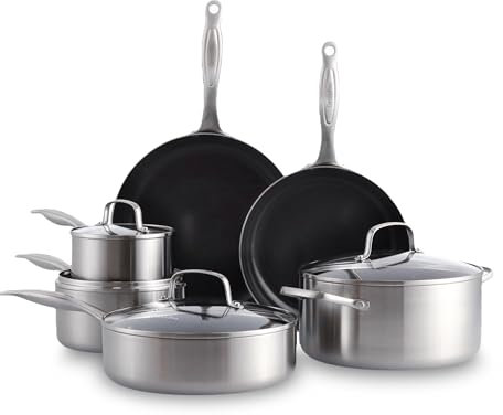 GreenPan TriClad Tri-Ply Stainless Steel Healthy Ceramic Nonstick 10 Piece Cookware Pots and Pans Set, Frypan Saucepan Saute Pan Casserole,Lids, Induction Suitable, PFAS-Free, Dishwasher and Oven Safe