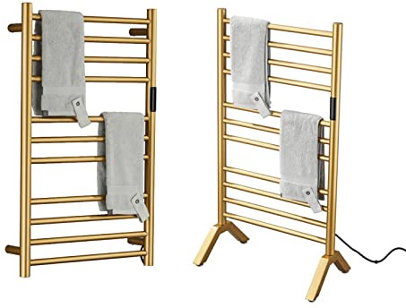 EWDPHW Electric Towel Warmers Radiator with Built-in Timer Gold, 140W Wall-Mounted & Freestanding Heated Towel Drying Rack with 11 Bars, 304 Stainless Steel Heated Towel Rail for Bathroom, Plug-in