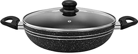 Royalford Aluminium Wok Pan, 26 CM | Induction Safe Frying Pan with Non-Stick Coating & Tempered Glass Lid | Saute/Frying pan with Heat-Resistant Handle | Stir Fry Cookware Pan, PFOA