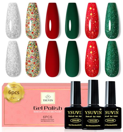 YSUVIN UV nagellack julset, 6 färger grön röd silver jul gel nagellack set för nybörjare gör-det-själv nagelkonst manikyrsalong, 8 ml