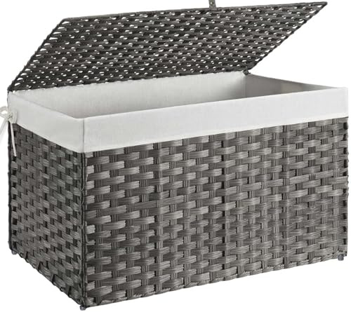 GREENSTELL Storage Basket with Lid, 42.3 Gallon(160L) Lagre Wicker Blanket Storage Basket with Handles, Foldable, 2 Removable Liner Bags, Metal Frame, for Bedroom, Laundry Room, Grey,30*18.1*18.1