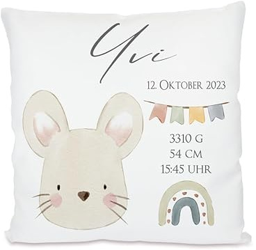 Manufaktur Liebevoll personalisiertes Kissen zur Geburt | Geschenk mit Namen für Mädchen und Jungen | Kissen mit Geburtsdaten für Neugeborene | Personalisiertes Geschenk zur Geburt (Motiv Maus 2)