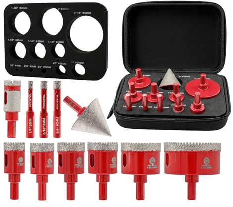 Foret Diamant Kit Trépan Carrelage - FOCSTOL 11 pièces (6/8/10/25/28/32/35/45/65mm+20mm Foret Fraise+50mm Mèches Chanfrein Biseautées) Scie Cloche Diamantée pour Porcelaine Carrelage Marbre Granit