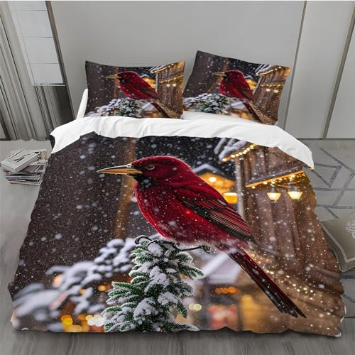 MLUNKQAIL Bettbezug 135x200 Schneeflocke Bettwäsche Roter Vogel Weich Atmungsaktiv Bettwäsche Set Mikrofaser Bettbezüge und 2 Kissenbezüge 80x80 cm mit Reißverschluss für Ganzjaehrig