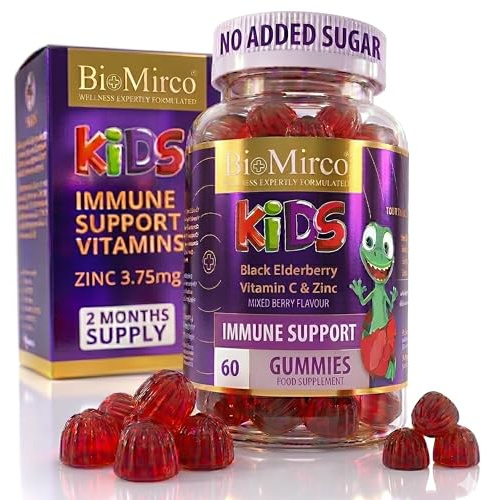 BioMirco Kids Immune Support Vitamins, Zinc for Kids, Immune System Booster, Triple Immunity Gummies, Delicious Taste Children's Gummy with Vitamin C, Zinc and Natural Elderberry, Daily Immunity
