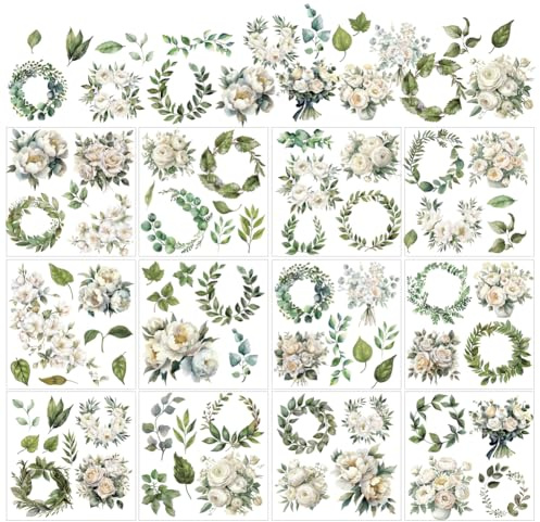 AHANDMAKER 12 Blatt Abziehbilder Zum Aufreiben Mit Weißen Blumen Und Olivenblättern Zum Basteln kränze Rubbel Transferaufkleber Eukalyptusblatt Aufkleber 5.5x5.5