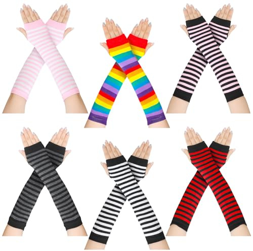 Candcamp 6 Pairs Striped Arm Warmers, Y2k Fingerless Gloves with Thumb Hole