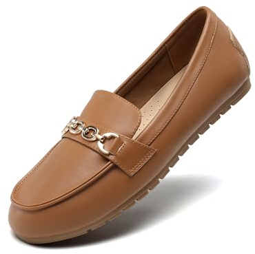 DREAM PAR Loafers för kvinnor ledig bekväm slip-on platt lätt fritid arbetssko bekväma promenadskor, Brun-pu, 38.5 EU