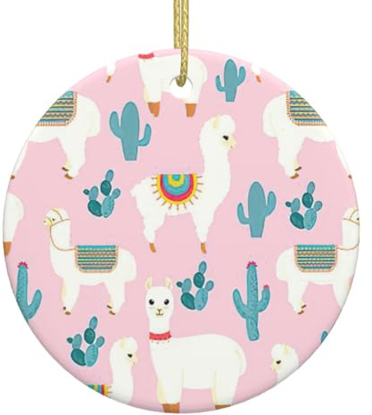 Adorno redondo de cerámica para colgar en el árbol de Navidad con diseño de cactus y llama, decoración personalizada para el hogar