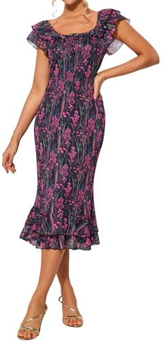 GRACE KARIN Robe d'été pour femme avec col en U, manches à volants, queue de poisson, robe florale, robe de plage, fleurs violet foncé/rose rouge, XXL
