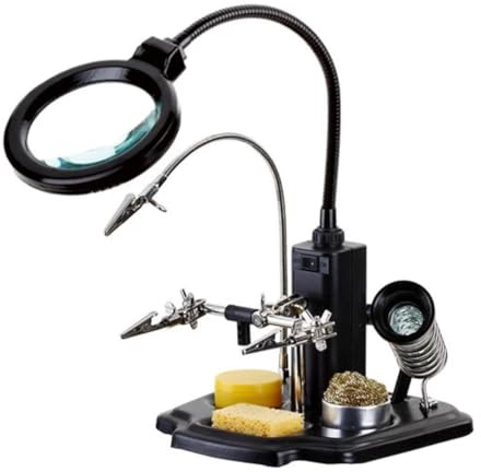 Reggi Scheda Elettronica AN-10Y Supporto Terza mano con Lente Ingrandimento e LED per Saldatura Dissaldatura con 3 Bracci Snodati regolabili Spugne Pasta Saldante e Porta SALDATORE e Rocchetto STAGNO