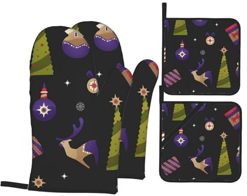 Ofenhandschuhe und Topflappen-Set, Weihnachtsbaum, Rentier, hitzebeständig, Küchen-Backhandschuhe, rutschfeste Oberfläche zum Kochen, Backen, Grillen, Grillen