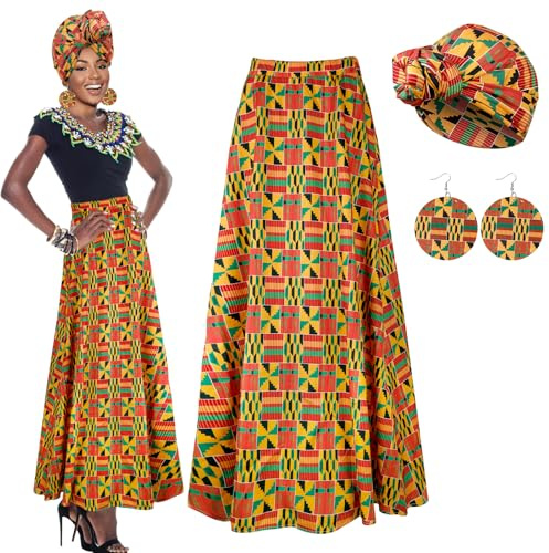 Mukum 4 PCS African Printed Maxi Skirt for Women Outfit Traditional Printed Costume Set with Pockets Wooden Earrings, Classic Gold-long, S
