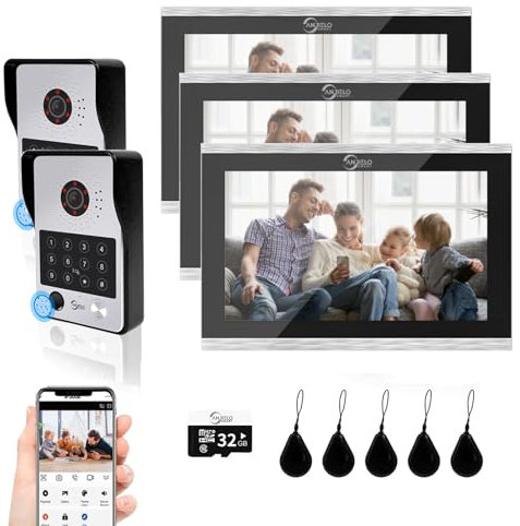 Videoportero con cable Sistema de intercomunicación de apartamentos,Monitor táctil de 10 pulgadas,Cámara HD 1080P Timbre,Huella dactilar,Tarjeta RFID,Desbloqueo por contrase (2 Timbre+3 Monitor)