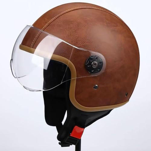 Casco da moto 3/4 mezzo casco da moto per adulti, casco da scooter mezzo casco con visiera in pelle vintage casco da moto aperto, omologato ECE B,XL=60-61CM