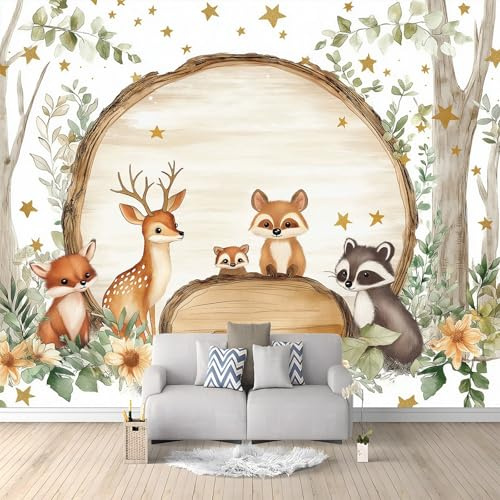 Papier Peint Panoramique Dessin Animé Animaux Forêt Marron Orange 400 X 280 Cm(Wxh) Poster Géant Mural 3D,Décoration Murale Premium,Pour Salon,Chambre Adulte,Chambre D'Enfants & Bureau