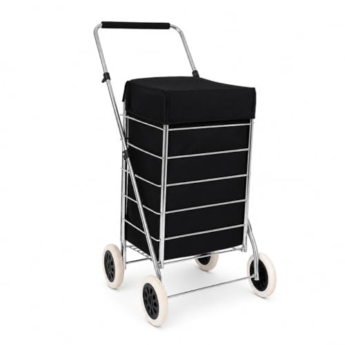 4 Wheels 60L litre Lightweight Shopping Grocery Trolley With Insulated Cooler Bag Travel Folding Cart Luggage Waterproof Cooling Bag Hard Wearing & Foldaway for Easy Storage (BLACK)
