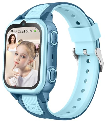 Montre Connectée Intelligente Enfant avec 4G WiFi GPS Téléphone Contrôle Parental Étanche Appels Vidéo SMS SOS Mode Cours Rejet Appels Inconnus Appareil Photo Réveil Musique pour Garçon Fille (Bleu)