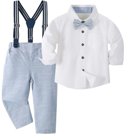 Volunboy Baby pojkar kostym set kläder skjorta med fluga hängslen byxor sparkbyxor kostym, Ljusblå, 3-4 år