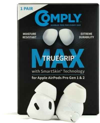 Comply TrueGrip MAX | Premium Memory Schaumstoff Ersatz-Ohrstöpsel für Apple AirPods Pro (1 & 2 Generation) | SmartSkin™-Technologie | Weiss, Größe S, 1 Paar