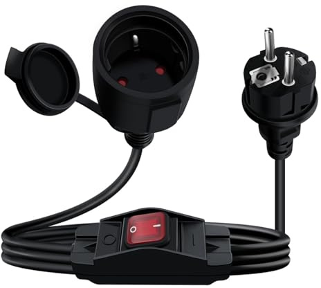 YINGAYOU Schuko Verlängerungskabel mit Schalter 16 A 250 V Schuko Kabel mit Schalter 2 AC für Steckdose IP44 für Außen Oder Innenbereich, Zuhause, Büro (Schwarz, 1.5 m)