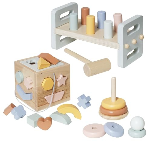 TikTakToo Montessori - Juguete educativo 3 en 1 con juego de martillo, cubo de motricidad y pirámide de inserción, juguete de motricidad para bebés y niños pequeños, hecho de madera de alta calidad