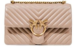 Pinko Love One Classic, Borsa a Spalla in Pelle Beige, Tracolla Regolabile in Catena, Chiusura con Patta, Divisorio con Cerniera, Tasca Interna, 27 x 16.5 x 8 cm