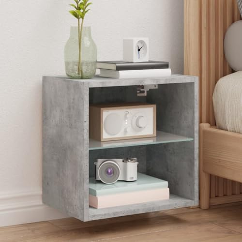 Yunovire Comodino da parete con luci a LED, grigio cemento, 40 x 28,5 x 40 cm, in legno, design fluttuante per camera da letto, spazio moderno, console multimediale versatile